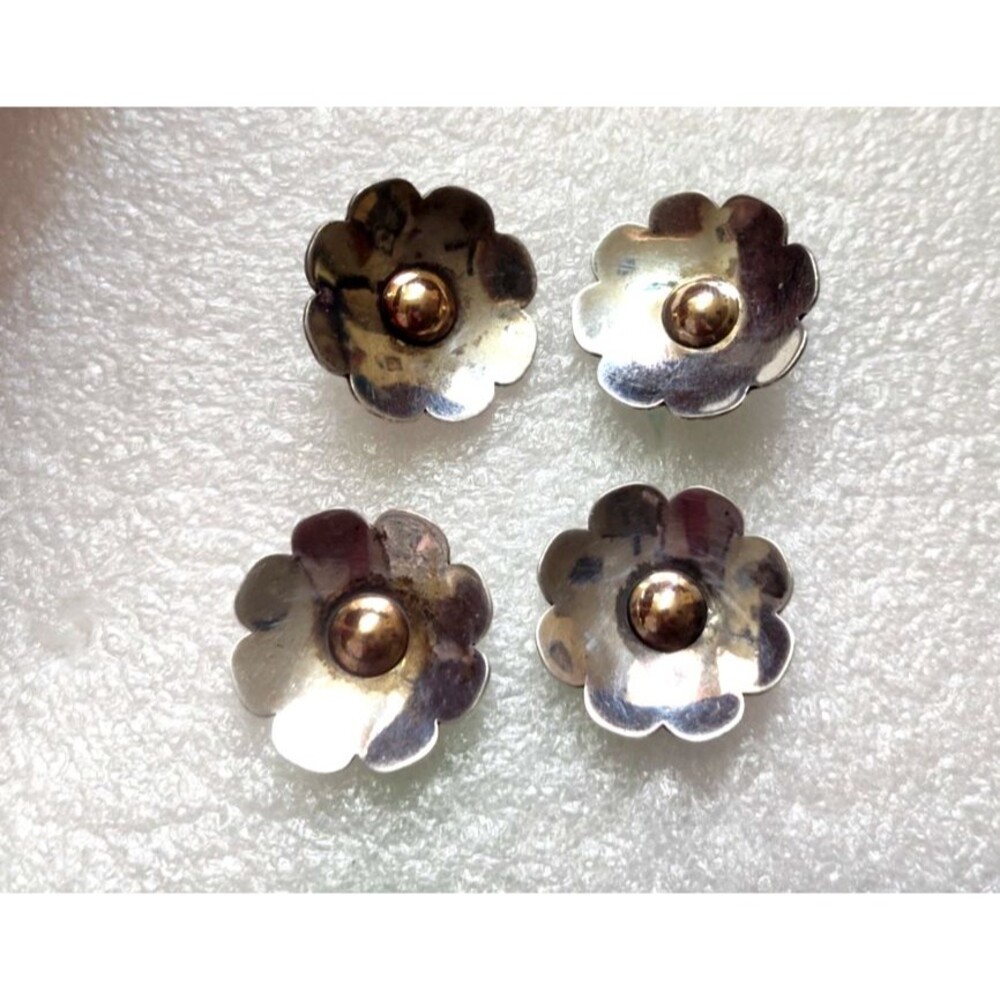 Set of 4 Vintage Sterling Silver Flower Silver with Gold Buttons 3/4"